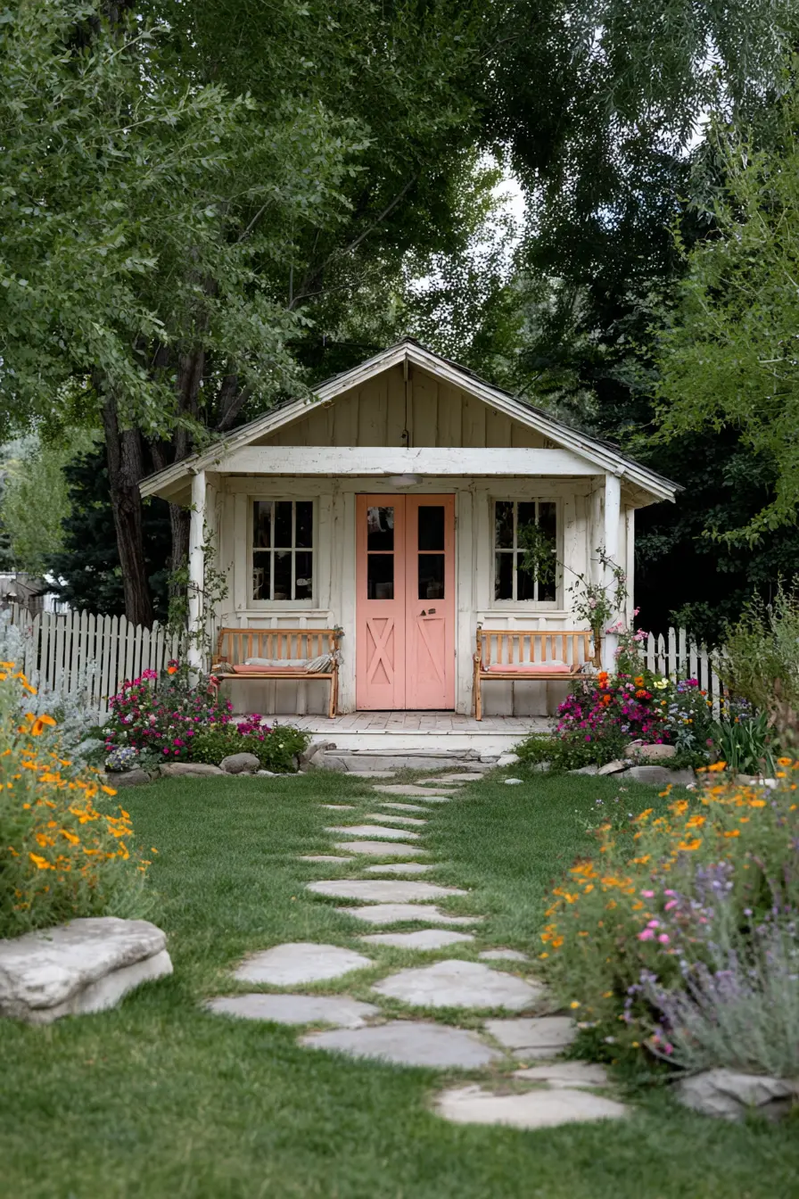 Cottage Walkway with Stone Path and Blooming Borders