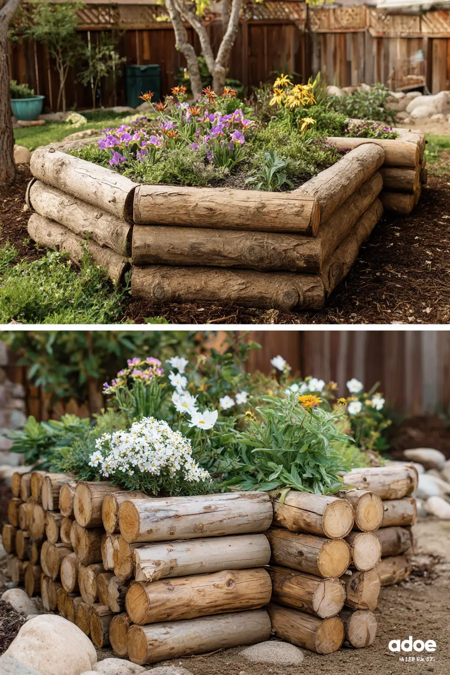 Stacked Wood Log Raised Planter Boxes
