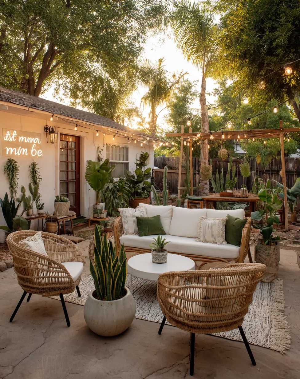 Boho Garden Lounge with String Lights