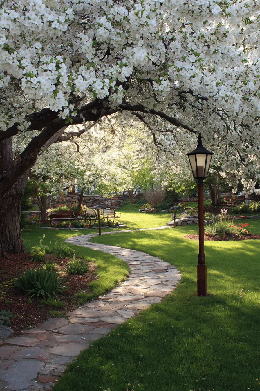Curved Stone Walkway Under Blossoming Trees