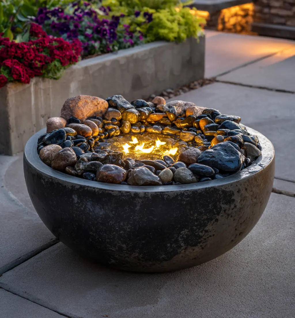 Decorative Fire Pit with River Rock Detail
