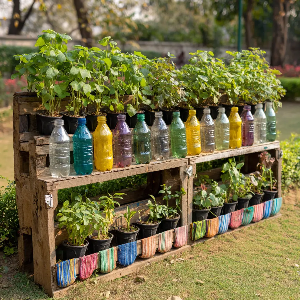 Upcycled Bottle Flower Tower with Rustic Pallet