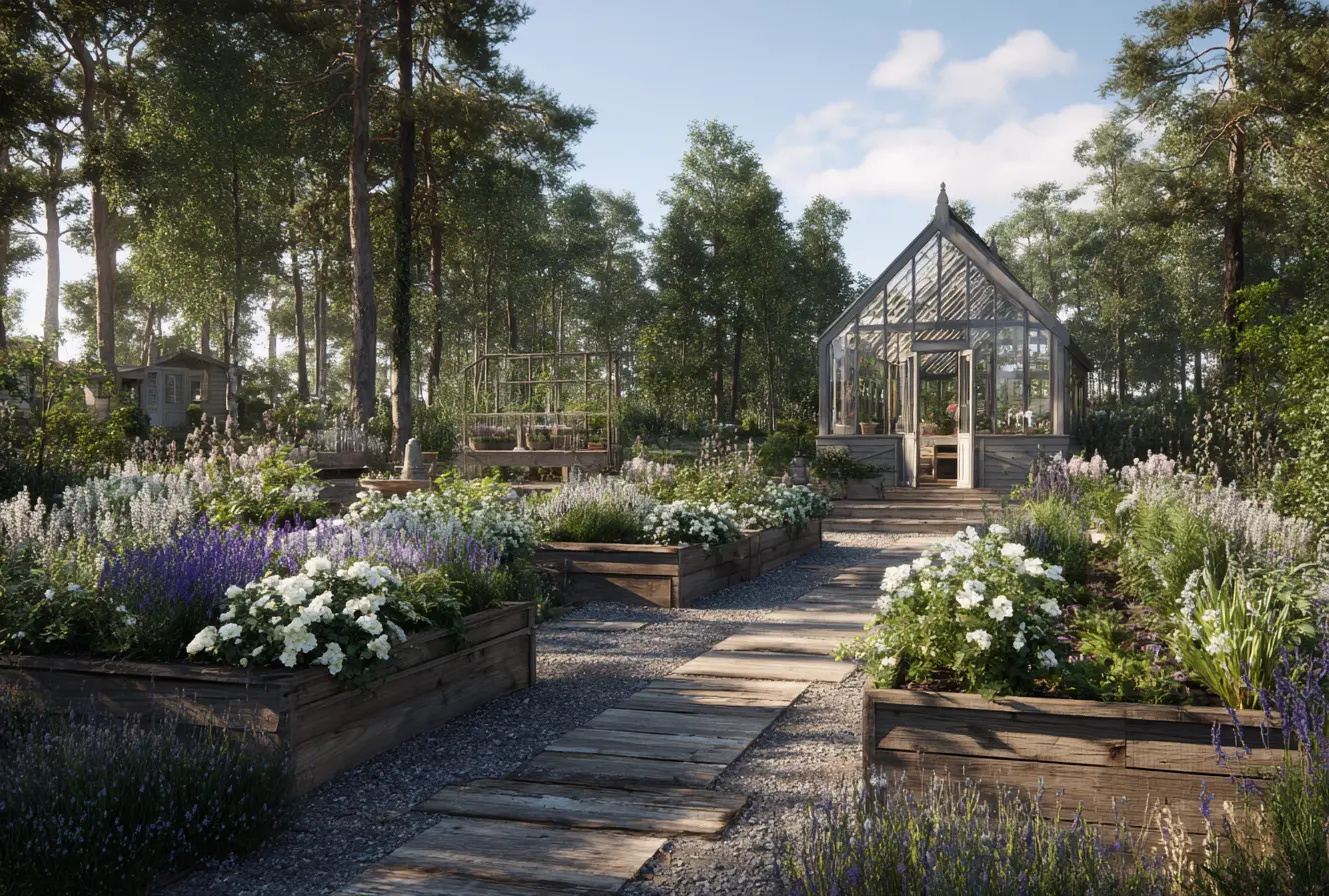 Serene Garden Pathway Leading to a Glasshouse