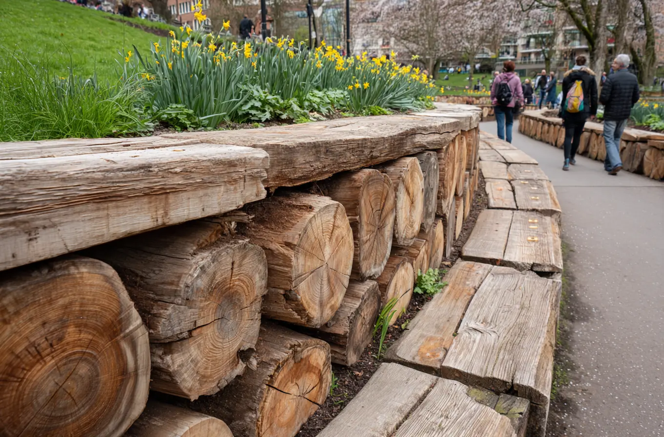 Wood Log Retaining Wall with Built-In Seating