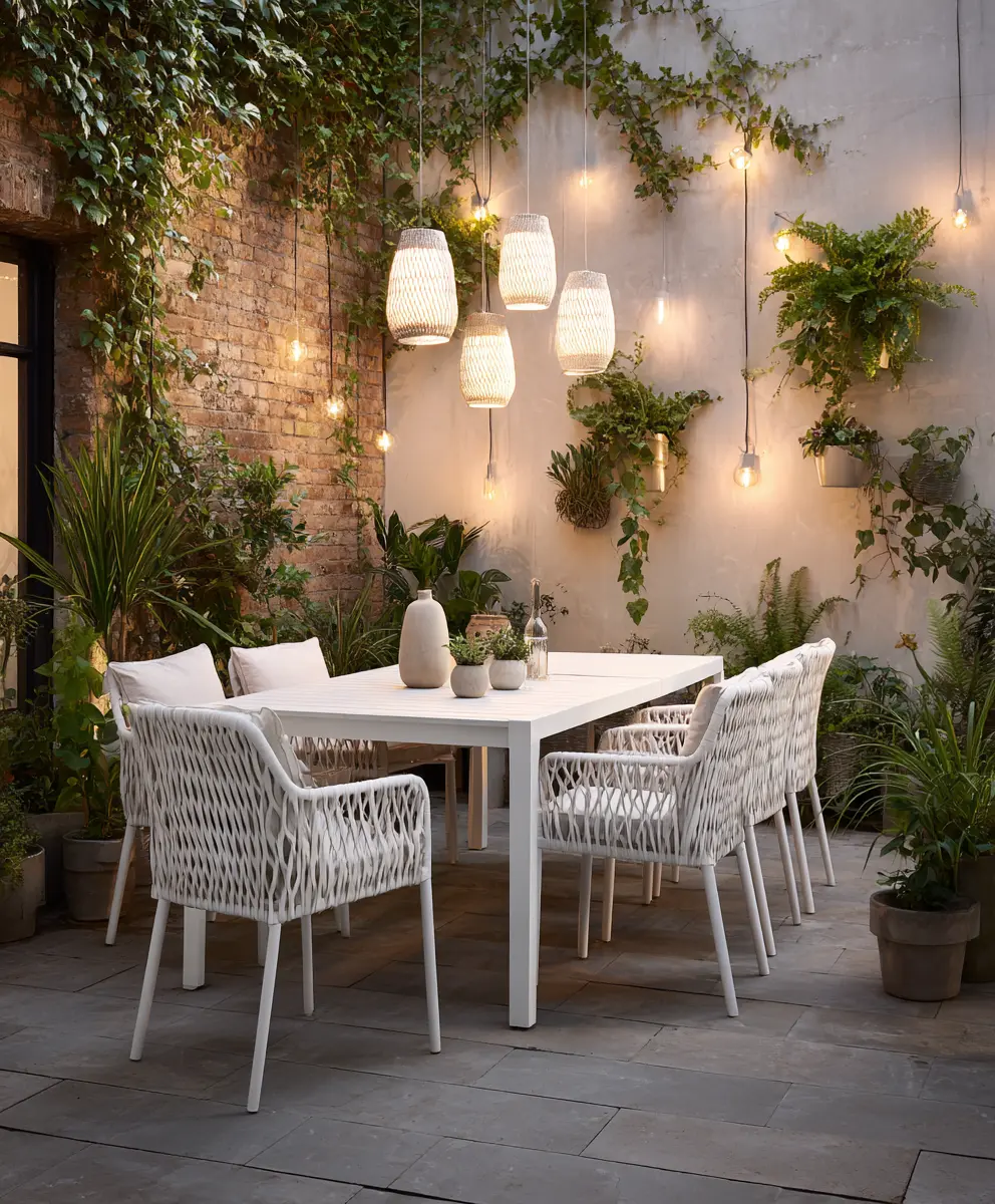Light Up Outdoor Walls with Hanging Plants and Lamps