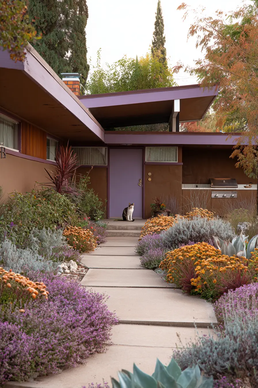 Modern Concrete Walkway with Colorful Garden Borders