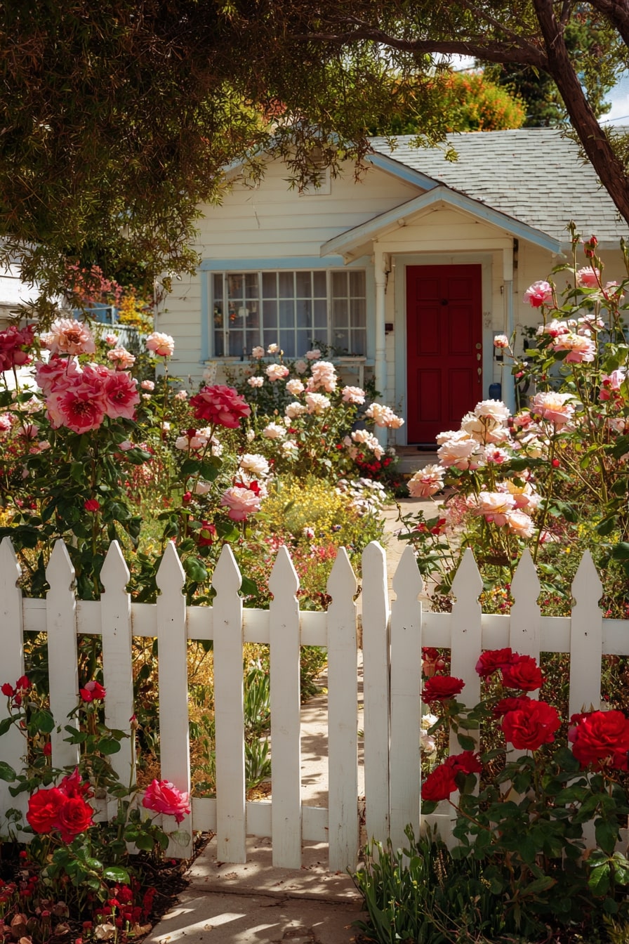 Cottage Garden Charm with Roses and Picket Fence