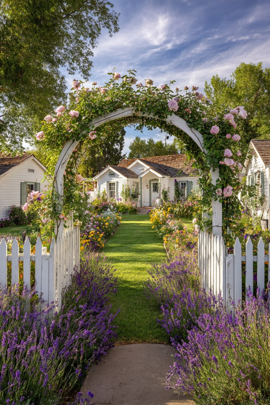 Cottage-Inspired Front Yard with Floral Archway