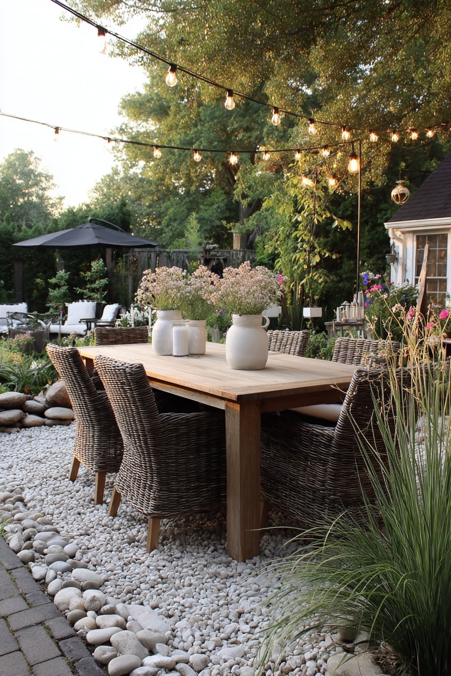 Outdoor Dining with White Stone Ground Cover