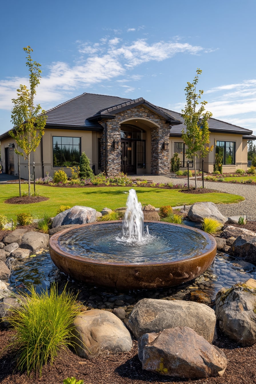 Front Yard Water Feature with Natural Charm