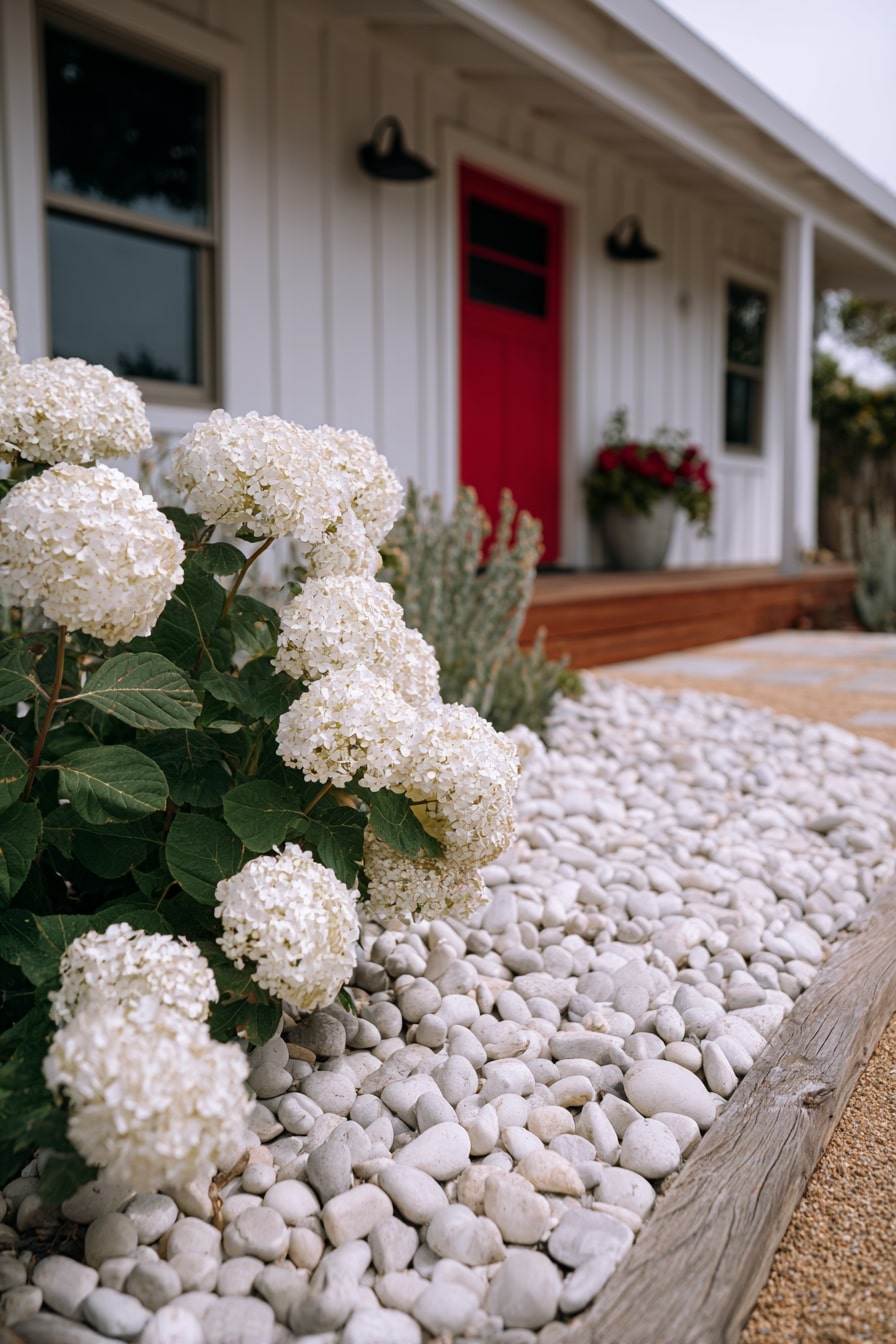 White Stone Garden Bed with Wooden Edging