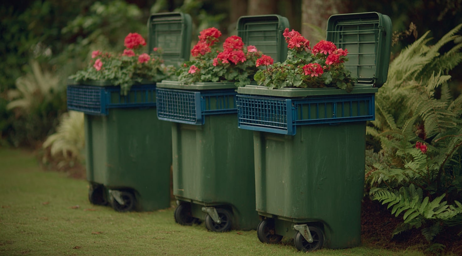 Laundry Basket Planters on Wheelie Bins