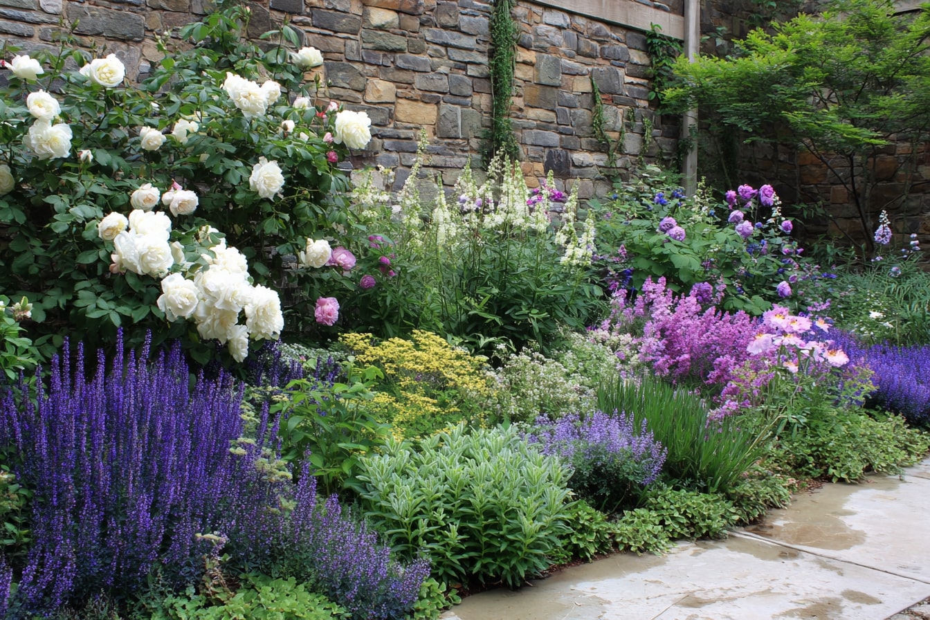 Layered Flower Bed Against a Stone Wall