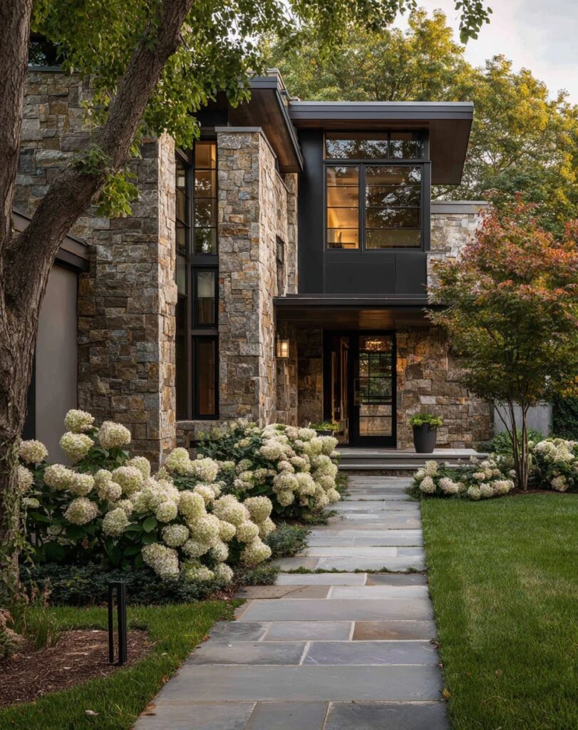 Hydrangea Beds Enhancing a Modern Stone Home