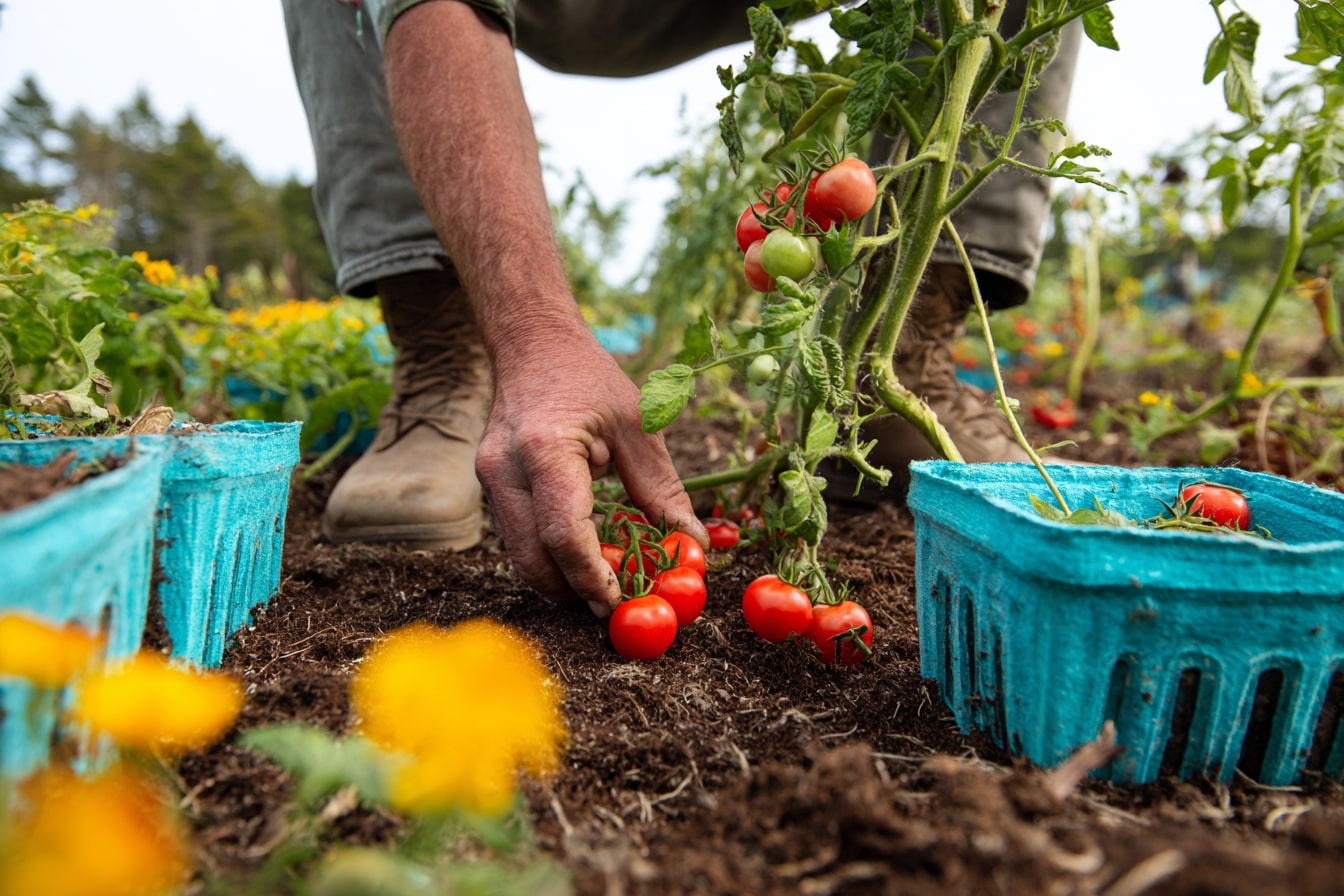 Harvesting Tomatoes with Companion Blooms