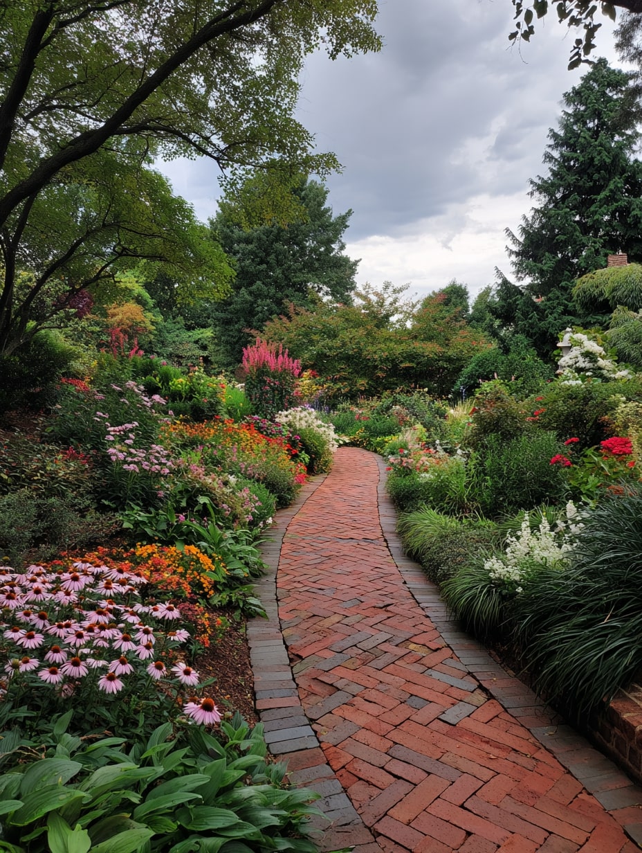 Brick Pathway Surrounded by Colorful Flower Beds