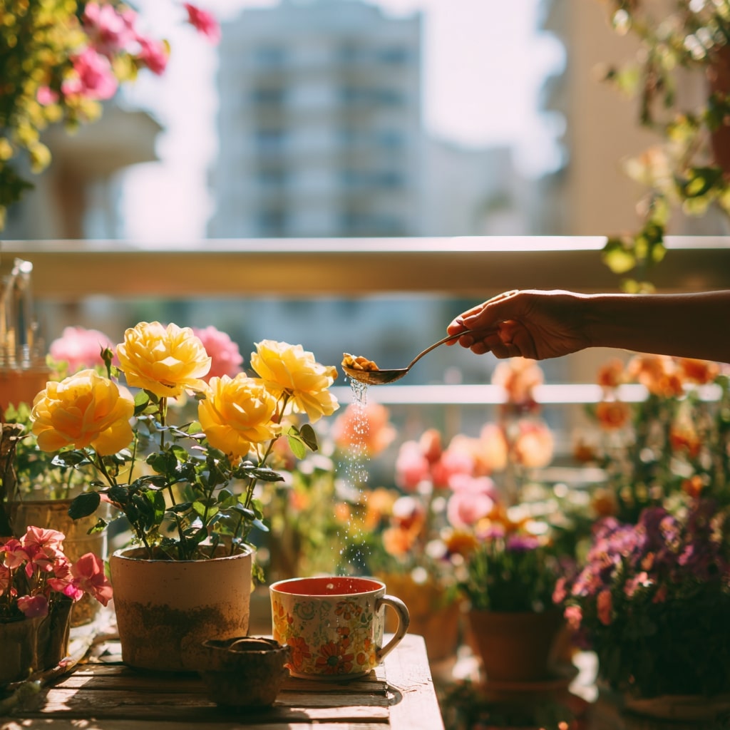Feeding Roses on a Sunlit Balcony