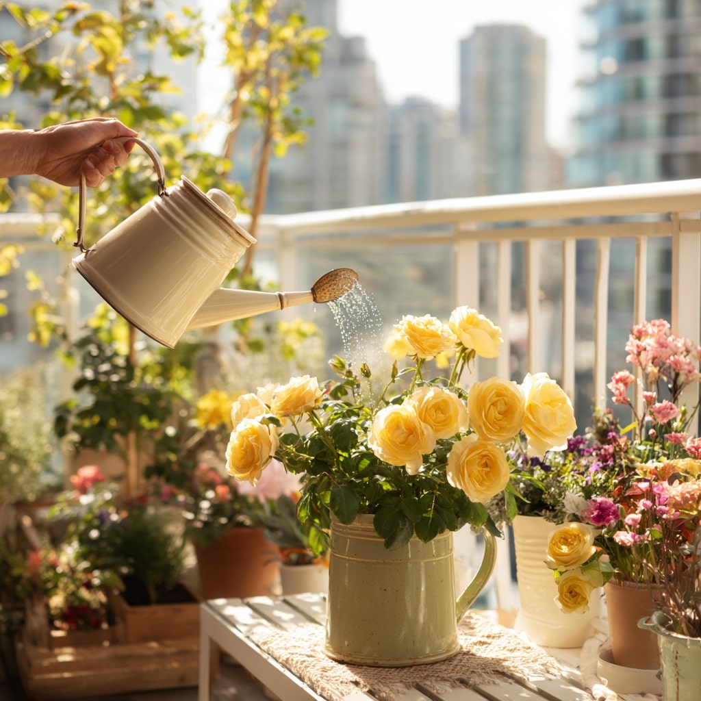 Watering Yellow Roses on a Balcony