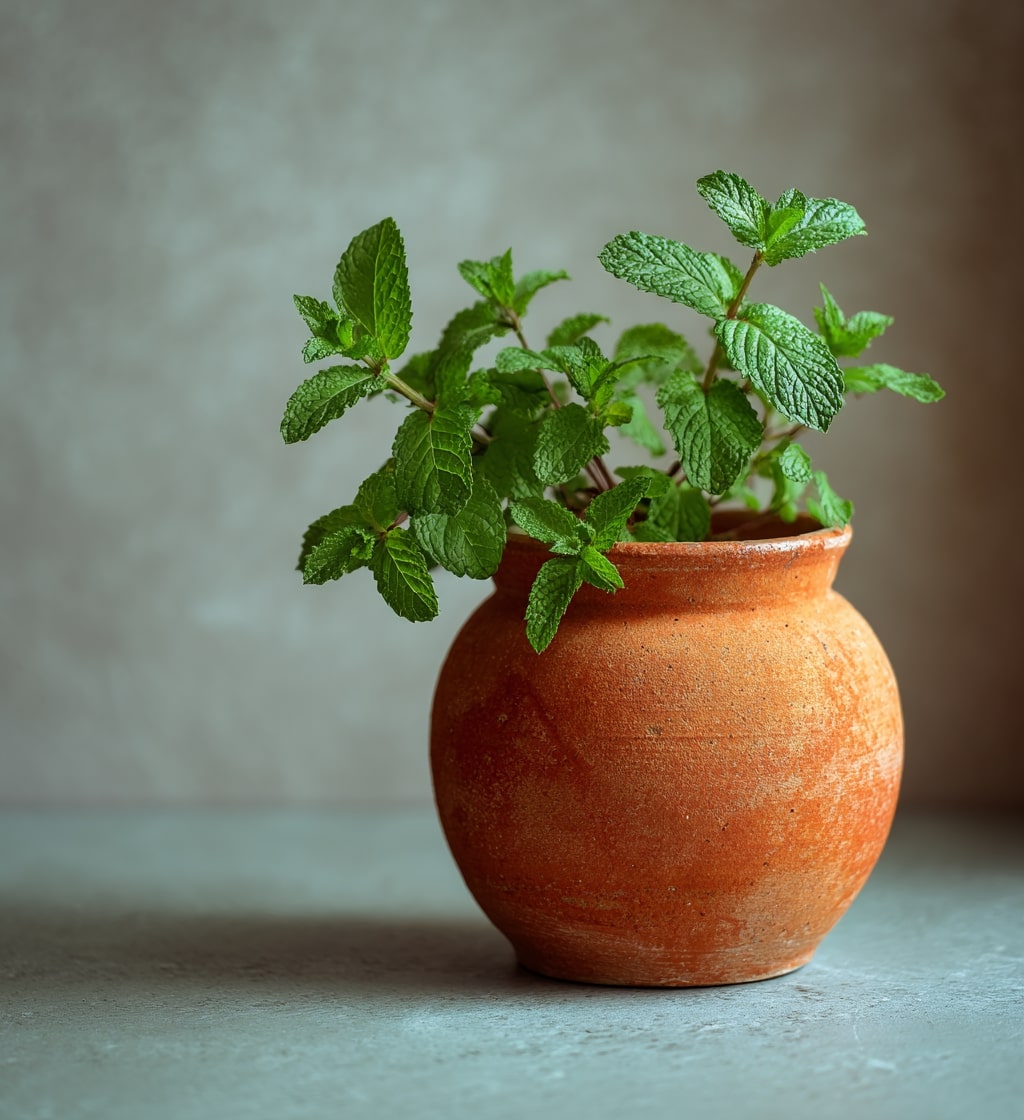 Fresh Mint Growing in Clay Pots