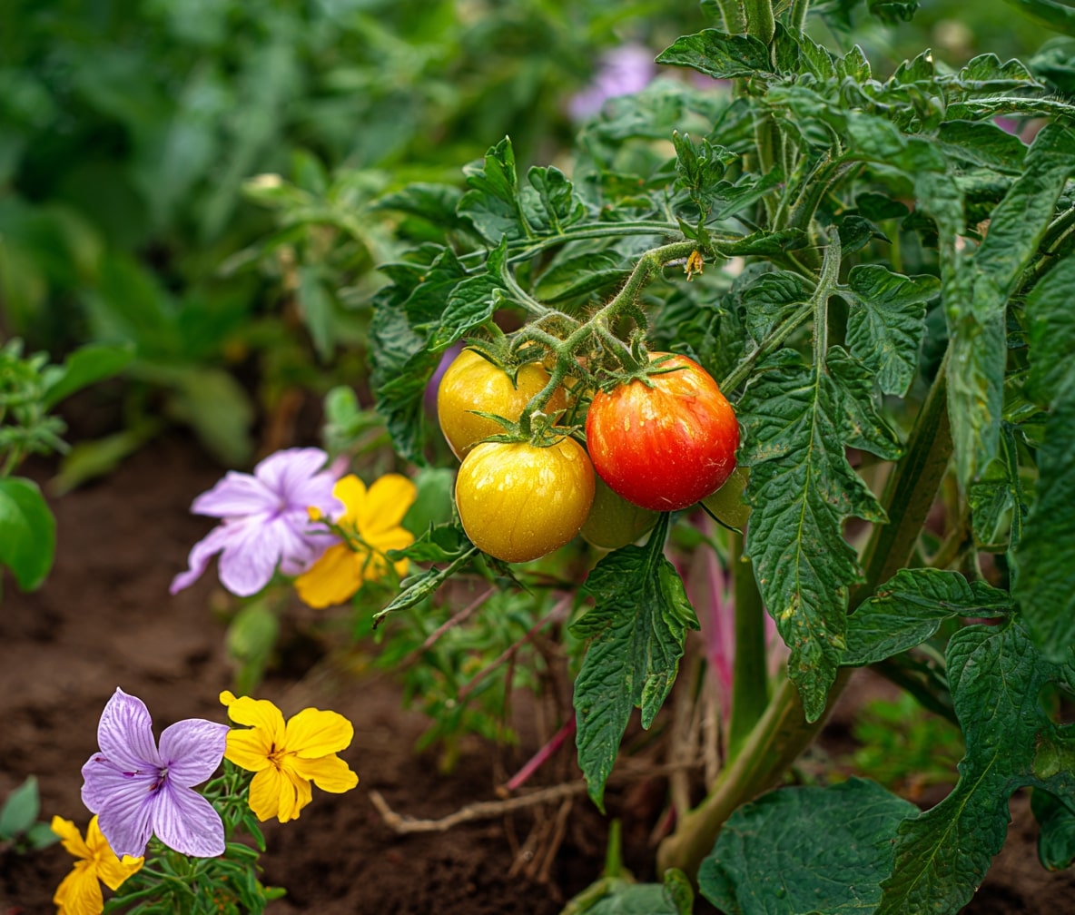 Tomatoes and Flowers Growing Side by Side