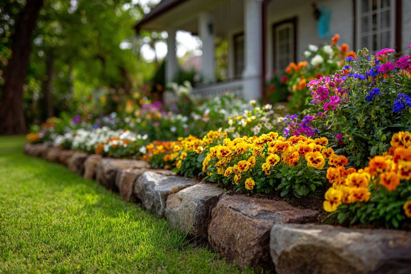Stone Edged Flower Bed with Bright Blooms