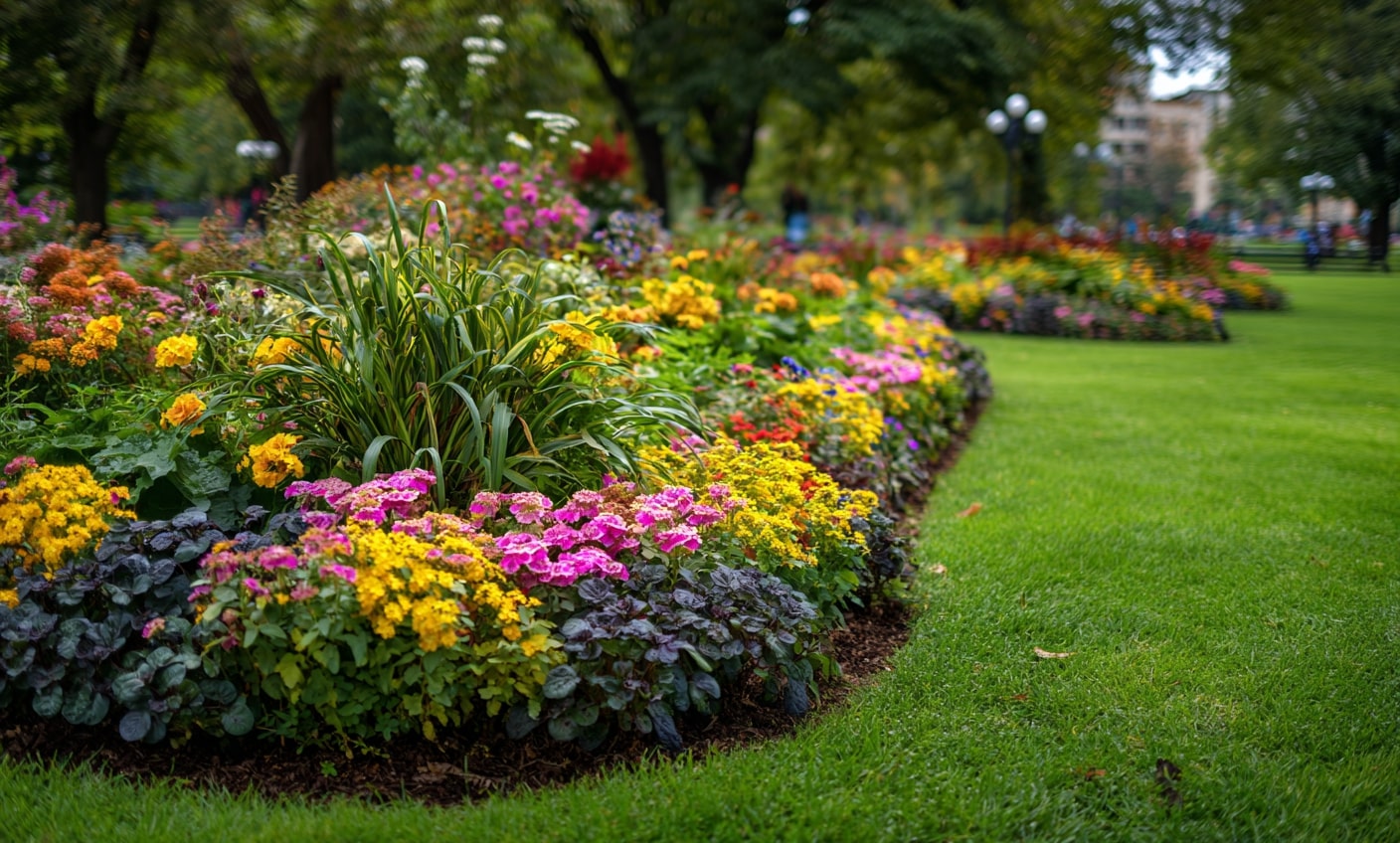 Vibrant Flower Bed with Lush Green Backdrop