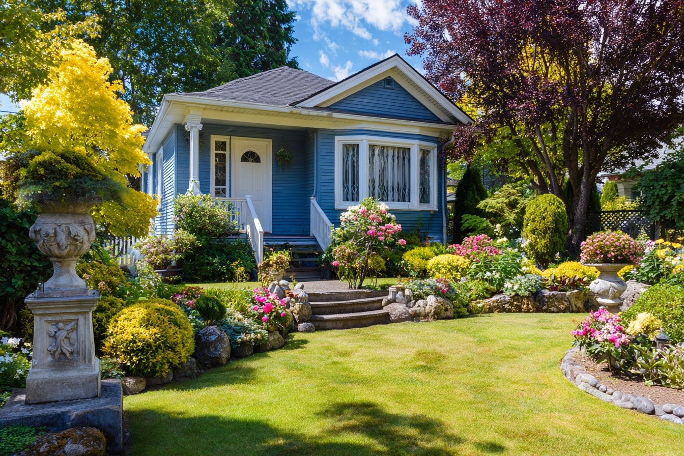 Colorful Front Yard Beds Framing a Charming Home
