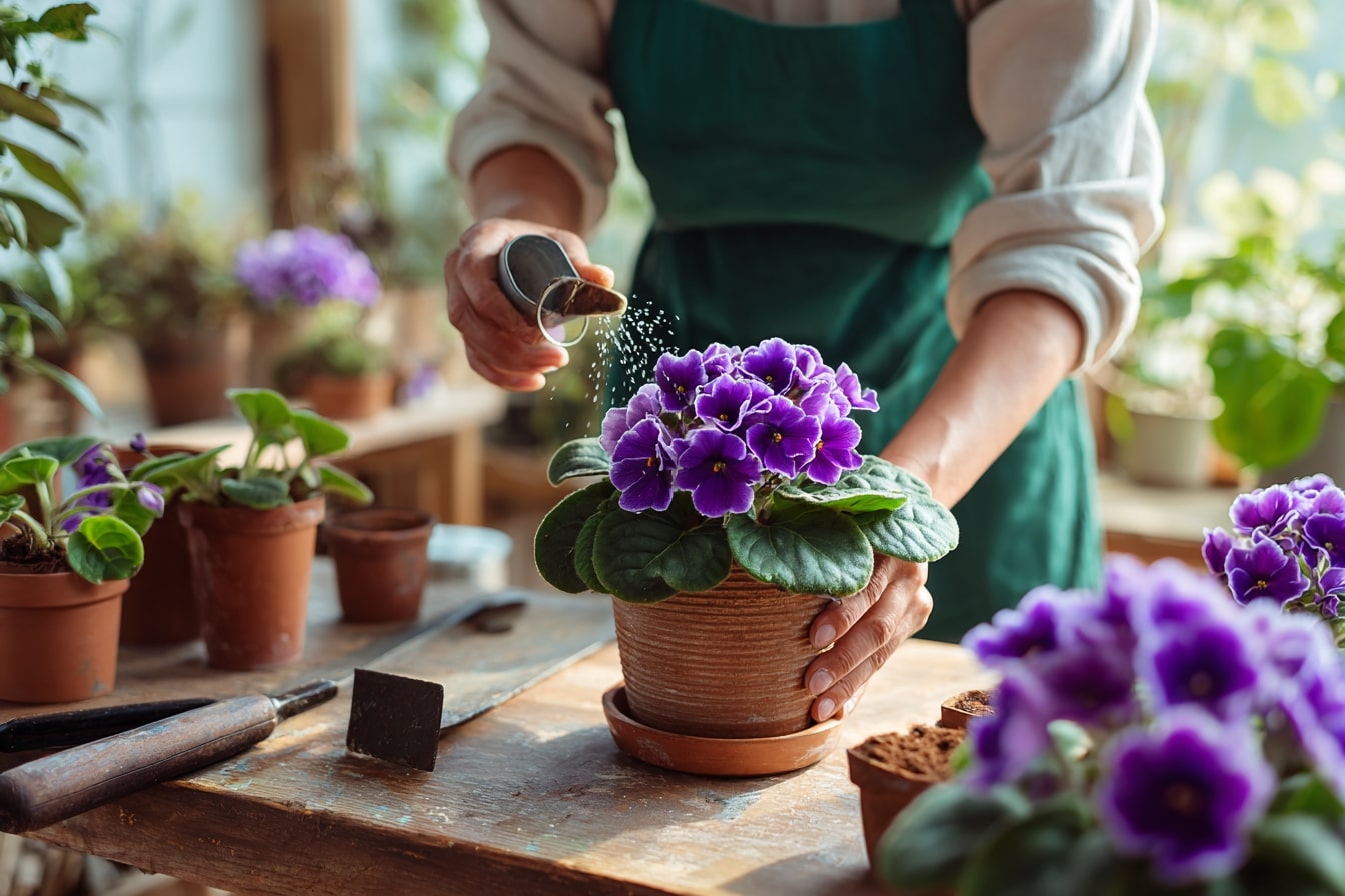 Caring Hands Nurturing African Violets